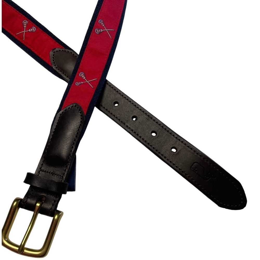 Vineyard Vines Leather Red Navy Canvas Lacrosse Belt  Men's 38